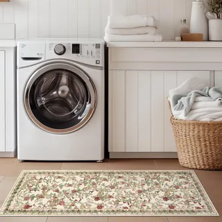 TOPICK Blumen Läufer Flur Waschbar Küche Läufer Kurzflor Vintage Rot-Grün Romantisch Teppich 60x150cm Antibakterieller Faltbar rutschfest Dünn Teppich für Brücken Schlafzimmer Wohnzimmer Flur