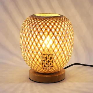 Pheashine Tischlampe Bambus,Tischleucht Dimmbar Sockel aus Holz Nachttischlampe E27 Fassung mit Kabel für Wohnzimmer Schlafzimme
