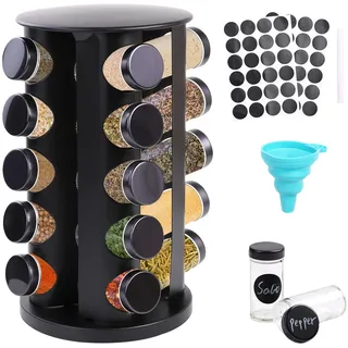 Yunkctuk 360° Gewürzregal Drehbares Schwarz, Gewürz Organizer Gewürzkarussell mit 20 Gewürzdosen, Etiketten, Stift, Trichter, Deckel, Edelstahl Gewürzregale, Gewürzaufbewahrung für Küchenarbeitsplatte