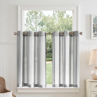 TOPICK Voile Scheibengardinen mit Ösen H 60 x B 90 (cm) 2er Set Transparent Bistrogardine Landhausstil Streifen Küchenvorhang Gestreift Küchengardinen modern für Wohnzimmer Klein Fenster Grau