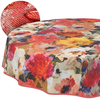 Tischdecke Stoff abwaschbar Tischtuch Tafeldecke pflegeleicht Lotuseffekt schmutz- & wasserabweisend für Indoor Outdoor Tischdecke Rund 140cm mit Saum (Eingefasst) Kunst