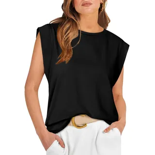 DUOEASE Tank Top Damen Rundhals Oberteile Sommer Ärmellose Flügelärmel Shirts Casual Locker T-shirts Schwarz L