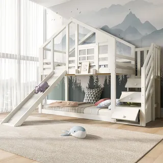 okwish Etagenbett Hochbett 90x200 cm mit Rausfallschutz, Hausbett Baumhaus mit Schublade und 2x Lattenrost, Kinderbett Stockbett(Ohne Matratze)- Weiß - Weiß