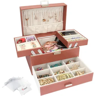 Schmuckkasten, Schmuckkästchen mit Schubladen für Damen Mädchen, PU-Leder Jewelry Box Schmuckbox Schmuckschatulle Groß Schmuckaufbewahrung für Ringe Ohrringe Armbänder Halsketten, Roségold