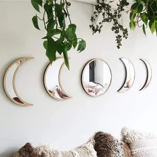 TOPINCN 5 Stück Mondphasen-Spiegel-Set, Acryl Wand Dekorative Spiegel Holzrahmen Mondphasen-Spiegel Heim Wandspiegel für Wohnzimmer Schlafzimmer (Sortierte Farbe)