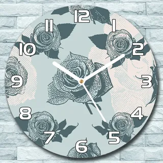 Wanduhr aus Glas Rund fi 30 Retro Rosen Natur Quarz Deko Schlafzimmer Büro