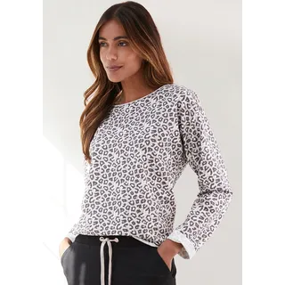 Sweatshirt LASCANA, Damen, Gr. 36/38, beige (beige, schwarz), Sweatware, Obermaterial: 60% Baumwolle, 40% Polyester, bedruckt, gemustert, bequem kurz, Rundhals, Sweatshirts Sweatshirt, Langarmshirt in locker sitzendem Schnitt, Loungewear