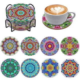 Souarts Mandala Diamond Painting Untersetzer mit Halter, 8PCS DIY Diamant Painting Coasters Basteln Erwachsene Kinder für Glas Tassen Vasen Kerzen Getränke