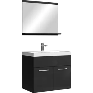 Badplaats Badmöbel Komplettset Montreal 02 60 x 35 cm Schwarz Hochglanz - Badezimmermöbel mit Waschbecken und Spiegel - Schwarz