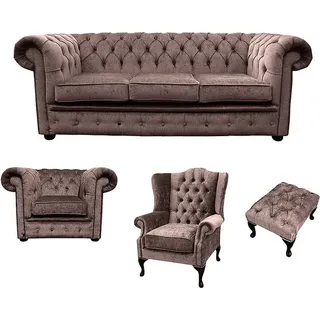 Sofagarnitur Chesterfield Polster Couch Sofa Leder Sitz Garnitur Ohrensessel 413 - Braun