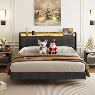 IRONCK Polsterbett 160x200 cm, Bett 160x200 mit LED-Beleuchtung und Ladestation (2 AC-Steckdosen, USB+Typ-C Anschlüsse), Bettgestell mit Stauraum, Schwebebett Doppelbett mit Lattenrost, Leinen, Grau