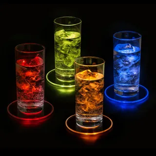 PRECORN 4er Set LED Untersetzer Leuchtuntersetzer Bierdeckel Leuchtend für Getränke Wasserdichter Untersetzer Acryl Rund für Gläser Flaschen Partys Hochzeiten Bar Weihnachten Pub Geburtstag
