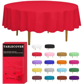 D&Z Einweg-Tischdecke aus Kunststoff, rund, einzeln verpackt, für drinnen und draußen, 213 cm, Tischdecke für Party, Picknick, Geburtstag, Hochzeit und Abendessen, Rot, 12er-Pack