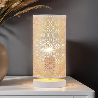 Marrakesch Tischlampe Nachttischlampe 25cm groß | Boho Deko Lampe im Wohnzimmer Schlafzimmer oder Kinderzimmer | Moderne Tischleuchte Tuza weiß aus Metall mit E27 Fassung