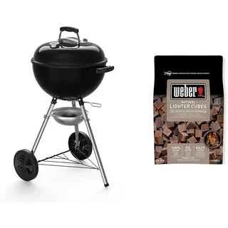 Weber 13101004 Holzkohlegrill Original Kettle E-4710, 47 cm, schwarz & 17612 Anzündwürfel braun, ohne Zusatzstoffe, 48 Stück