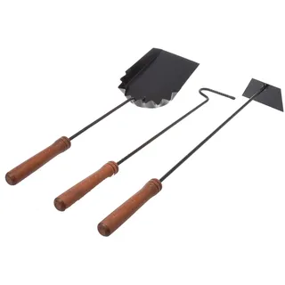 Aqbau® 3er Set kaminbesteck schwarz, Kaminzubehör, Kaminwerkzeug, Kamingarnitur mit Schürhaken, Aschekratzer, Kohlenschaufel, Modernes Ofenbesteck aus galvanisiertem Stahl & Holzgriff