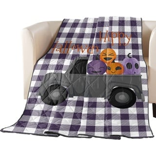 Cartoon Black Truck Cute Pumpkins Reversible Down Alternativen Comforter Quilted, Lightweight Soft Bedspread for Kids Adults Woman Teen Bed, Purple White Tartan Plaid Throw Blankets for Sofa Decor