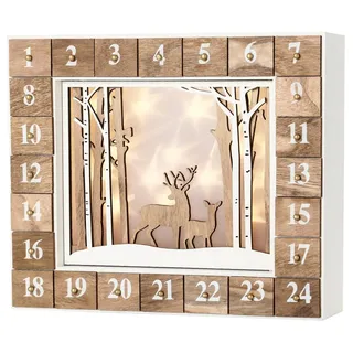 Brubaker Adventskalender Wald Holz Weiß Natur mit LED Beleuchtung 35,5 x 6 x 27 cm