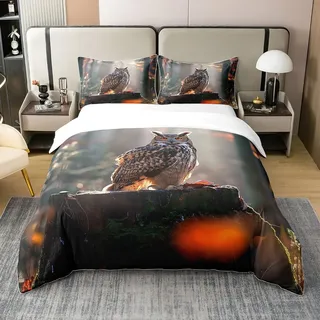 100% Baumwolle Eule Bettbezug 135x200,3D Tiere Wildlife Soft Tröster Bezug,Woodland Baum Gedruckt Bettwäsche Set für Schlafzimmer,Schwarz Braun Grau Safari Kinder Jungen Mädchen Bettbezug