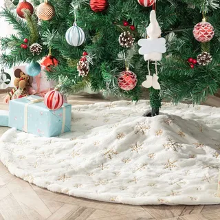 Deggodech 90cm Weihnachtsbaum Röcke Weißer Weihnachtsbaum Rock Weiß Plüsch Rund Weihnachtsbaumdecke Fell Christbaumständer Teppich für Weihnachtsfeiertag Dekorationen (Gold, 90cm/35zoll)