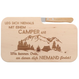 Spruchreif | Holz- Brotzeitbrett mit Messer und Gravur „Leg dich niemals mit einem Camper an“ | Perfekte Geschenkidee für Camper & Outdoor-Fans