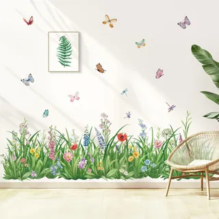 wondever Wandtattoo Gras Blumenwiese Wandaufkleber Gräser Grüne Bordüre Pflanzen Schmetterlinge Wandsticker Wanddeko für Wohnzimmer Schlafzimmer