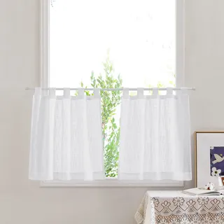 PONY DANCE Scheibengardinen Küche Leinentextur Kurzvorhang Weiss Halbtransparent Bistrogardinen Modern Curtains Living Room Schlaufenvorhang 2er Set B 60 x H 120 cm