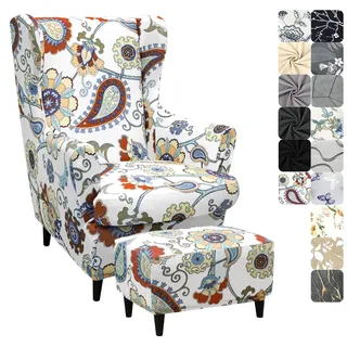 Alishomtll 3 Teilig Ohrensessel Überzug Mit Ottomane Schonbezug Stretch Sessel-Überwürfe Elastisch Sesselhusse Strandmon Tiger Stuhlbezug mit Armlehne Hohe Rückenlehne Universal (Bohemian Blumen)