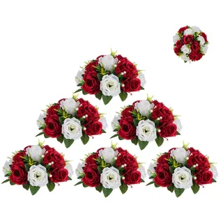 BLOSMON Blumenstrauß Blumengestecke Künstlich Deko Rose 10 Pcs Karminrot & Weiß Künstliche Blumenstrauss Blumen Tischdekoration Blumenkugel Valentinstag Rosenstrauss for Hochzeit Muttertagsgeschenk