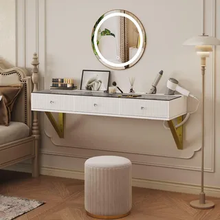 Merax Wandhängender Schminktisch, 3 Schublade mit Trennwänden, Glasplatte, Tablet- und Becherhalter, elegant Kosmetiktisch, Kosmetiktisch, Weiß - Weiß
