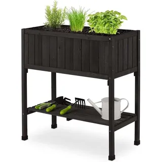 Gartenkiste auf Rollen mit Folie und Aufbewahrungsraum - 80 x 74 x 38 cm - Schwarz aus Eichenholz für Garten, Balkon und Terrasse - Schwarz
