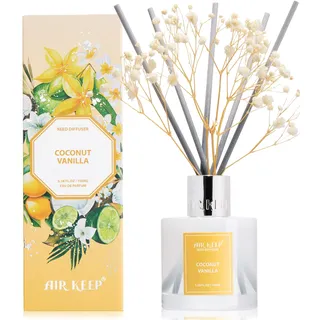 Airkeep Raumduft Coconut Vanilla – Reed Diffuser mit 8 Duftstäbchen, langanhaltender Lufterfrischer für Badezimmer, Schlafzimmer & Wohnzimmer, stilvolle Heimdekoration, 100m
