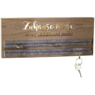 Gilde Deko Schlüsselbrett modern Schlüsselhalter für die Wand mit Spruch - aus MDF Holz braun mit Filzeinlage Grau - Schluesselbrett Schlüsselboard – Schlüsselaufbewahrung Länge 34 cm