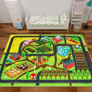 AKUNRUG Bauernhof-Teppich für Kinder, Autoteppich für Spielzeugautos, Dorfkarte mit Straßennetz, Spielmatte für Kleinkinder im Spielzimmer (150 × 100 cm)