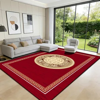 RUGMRZ Luxus Orient Teppich Rot Gold 160x230cm,Großer Wohnzimmerteppich Waschbar,Edles Medallion Chinoiserie-Design,Kaschmir-weicher Kurzflor,rutschfest,Fußbodenheizung geeignet