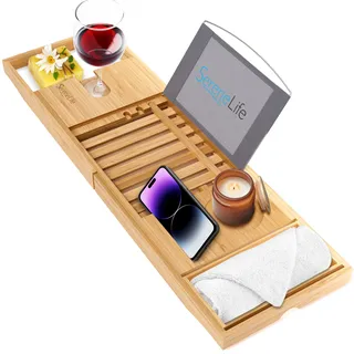 SereneLife SLBCAD20 Badewannenablage aus Bambus, verstellbar, aus natürlichem Holz, mit Weinhalter, Tassenplatzierung, Seifenschale, Buchplatz und Telefonschlitz für Spa, Bad und Dusche