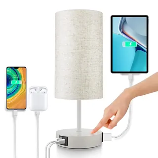 Wondlumi Touch Dimmbar Nachttischlampe mit USB Ladefunktion, Kleine Tischleuchte Weiß mit Schirm, Modern Tischlampe E27 für Geschenk Schlafzimmer, inkl. 6W Warmweiß LED-Birne