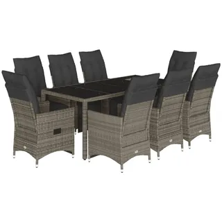 vidaXL 9-tlg. Garten-Bistro-Set mit Kissen Grau Poly Rattan - Grau