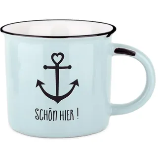 Vintage-Becher aus Keramik im Emaille-Look, Schön hier!, 400 ml | Mit tiefgeprägtem Schriftzug und Geschenkbox - 39 Designs, spülmaschinen- und mikrowellengeeignet