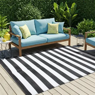 Tapiso Teppich IBIZA Outdoor Weiß Schwarz Picknick Garten 180 x 270 cm - Schwarz