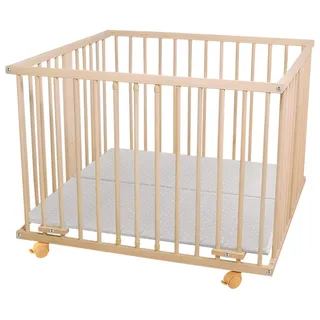Waldin Laufstall Baby Buchenholz Massiv Höhenverstellbar 100x100 cm | Zertifiziert nach EN 12227 mit 4 Rollen mit Bremse 3 Herausnehmbare Sprossen Holz Natur oder Weiß Lackiert