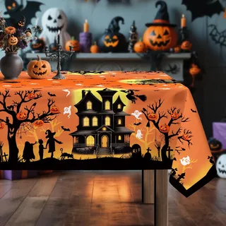 Arquiel Halloween Tischdecke Rechteckige, Orange Burgen Hexen Karo Tischdecken Abwaschbar Tischtuch Wasserabweisend für Party Feiertage Herbst Abendessen Dekor(152 x 213 cm)