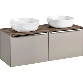 Waschtischunterschrank Set 120cm in taupe mit Vintage Eiche PUEBLA-56-TAUPE 2 Keramikbecken, 2 Softclose-Schubkästen, B/H/T 120,4/62,5/46 cm - Beige