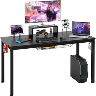Costway 140cm Schreibtisch Computertisch Gaming Tisch mit Monitorablage, Getränkehalter, Kopfhörerhaken, Korb, Medienablage, verstellbare Fußpolster - Schwarz