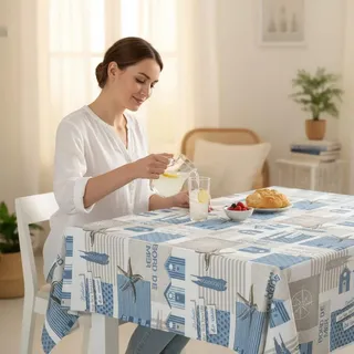 ECOMMERC3 Wachstuchtischdecke abwaschbar quadratisch 140x140 Seestern Blau | Für den quadratischen Tisch, maritimes Dessin, wasserdicht, abwischbar mit feuchtem Tuch, aus Spanien