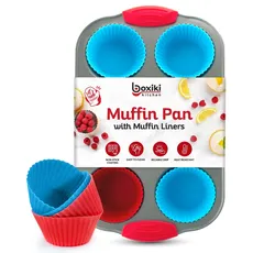 Boxiki Kitchen Nicht-Stick Stahl 6 Tassen Muffinform mit Silikongriffen und Wiederverwendbaren Einlagen - Perfekt zum Backen von Muffins und Cupcakes. ...