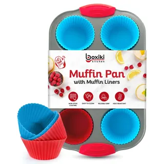 Boxiki Kitchen Muffinform 6er Set mit 12 Wiederverwendbaren Silikonförmchen und Silikongriffe - Antihaft Muffinblech aus Schwerstahl für Muffins, Cupcakes, Mini-Kuchen - Ofenfest bis 232 Grad Celsius