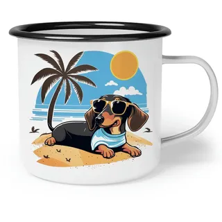 OM3® süße Emaille-Tasse mit Dackel am Strand Hundemotiv Hund Dog - Retro Emailletasse Emaille Becher - 12oz 300ml - Beidseitig Bedruckt - Weiß-Schwarz