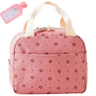 ZenyTra Thermo Lunchbox Für Büro Schule Picknick Camping Aus Cordstoff Mit Zartrosa Blumenmuster Wiederverwendbare Isolierte Tasche Extra Dicke Isolierung Auslaufsicher(Mit 1 rosa Namenkarte)