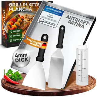 Blumtal Set Plancha Grillplatte Edelstahl inkl. 2 Grillspachteln & Ölflasche - 30x40 cm Plancha Grill Set für perfekte Röstaromen - Grillmatte Gasgrill geeignet - Edelstahl Platte rostfrei & robust